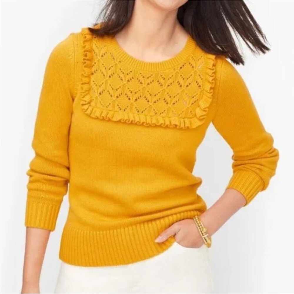 Talbots Petite Ruffle Pointelle Knit Sweater-Marigold Yellow-Size Small Petite